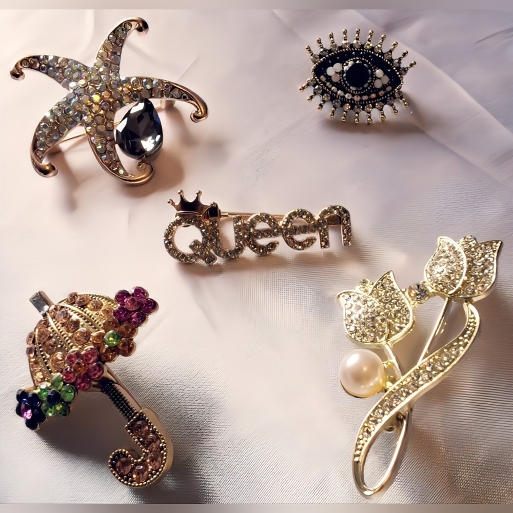 Set of 5 Rhinestone Brooches - Various Designs